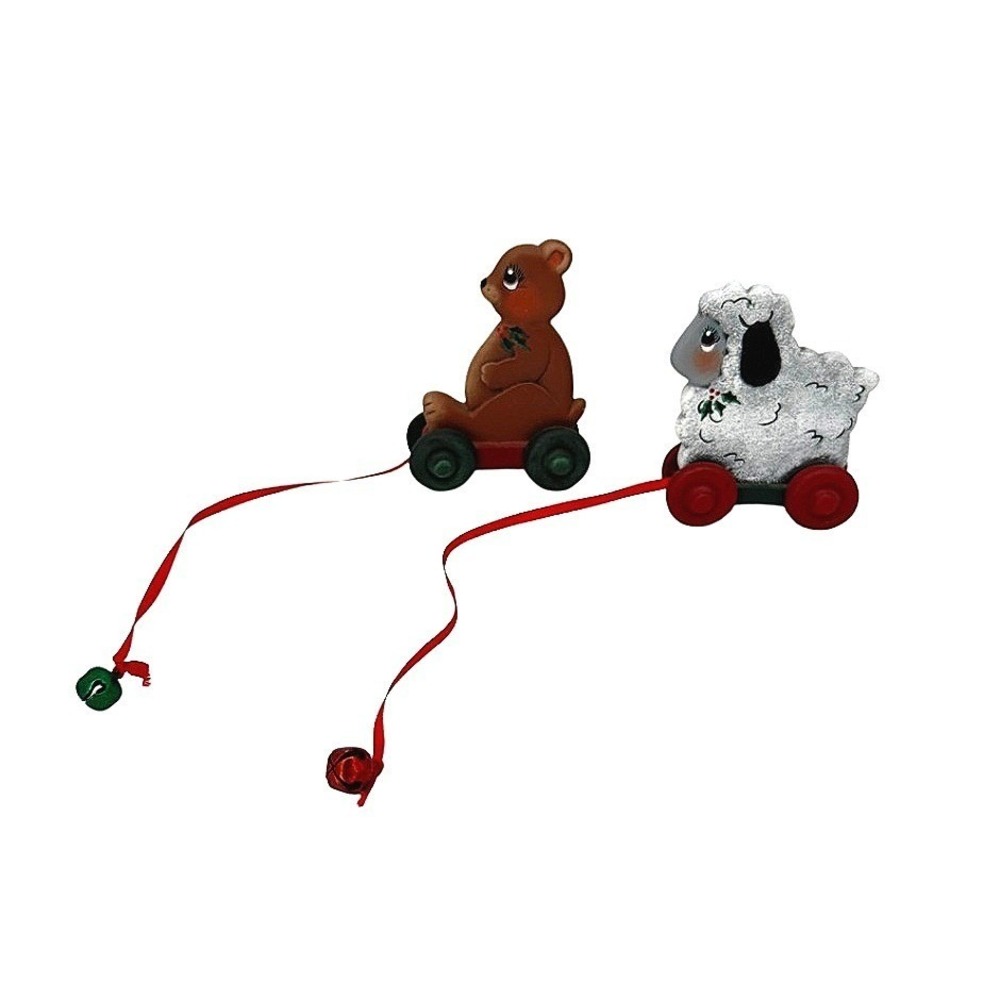 Christmas Figurines Bear & Sheep SMALL Pull Toys Holiday Decor Hand Painted VTG